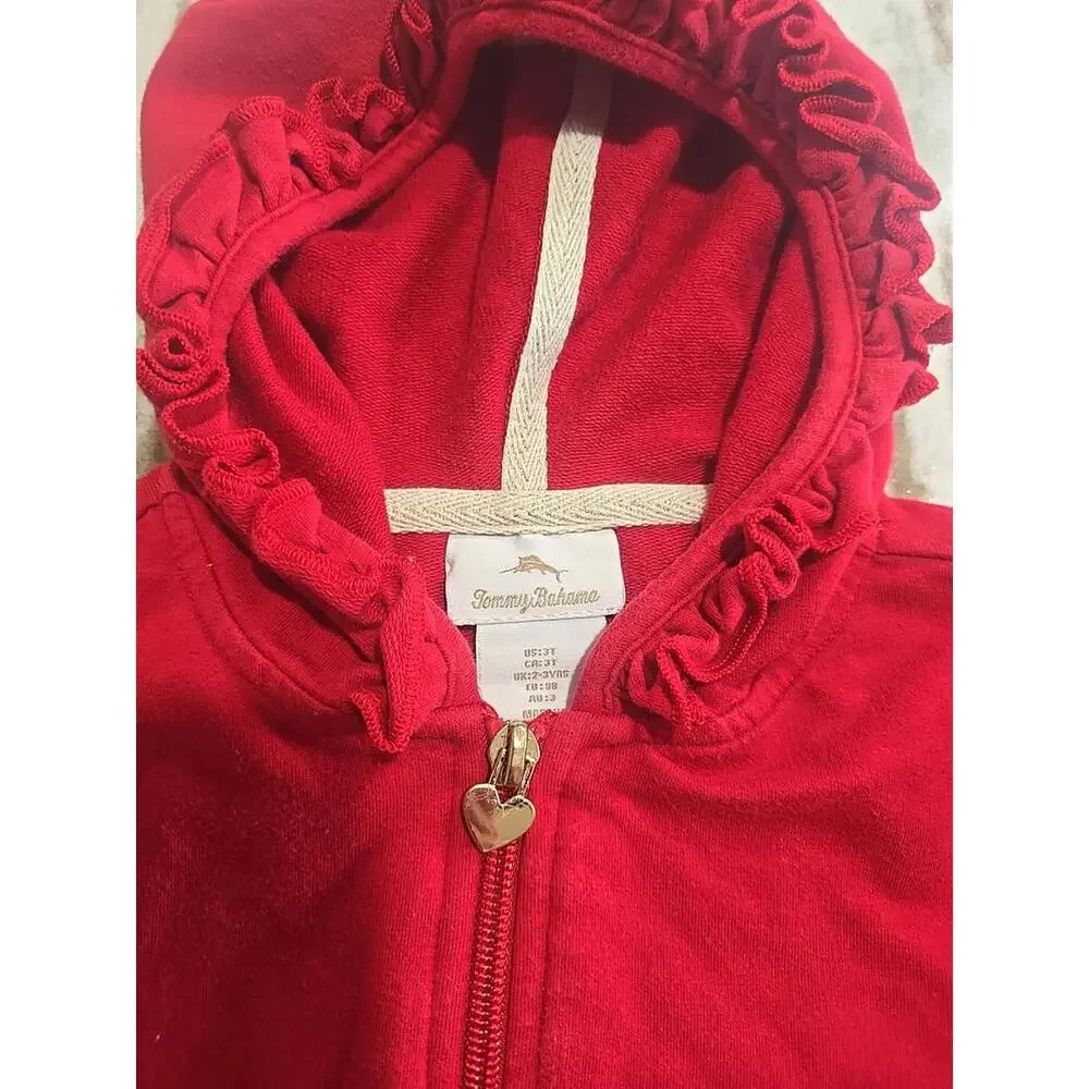 Tommy‎ Bahama Red Hooded Full Zip Jacket Heart Shaped Pockets Girls Size 3T